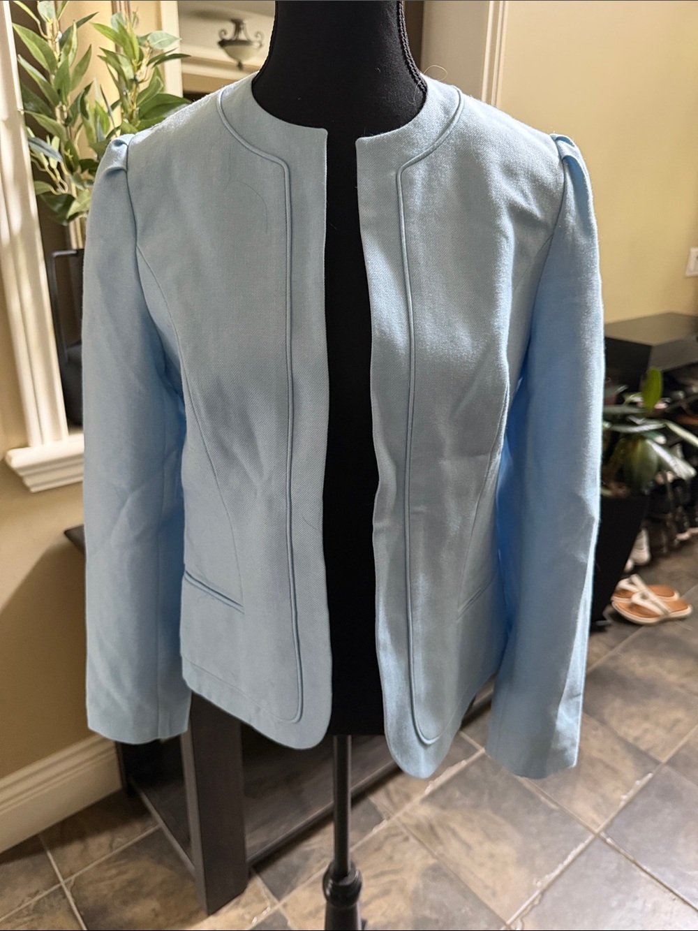 Vintage Marisa Women's Collarless Light Blue Tailored Blazer Jacket
